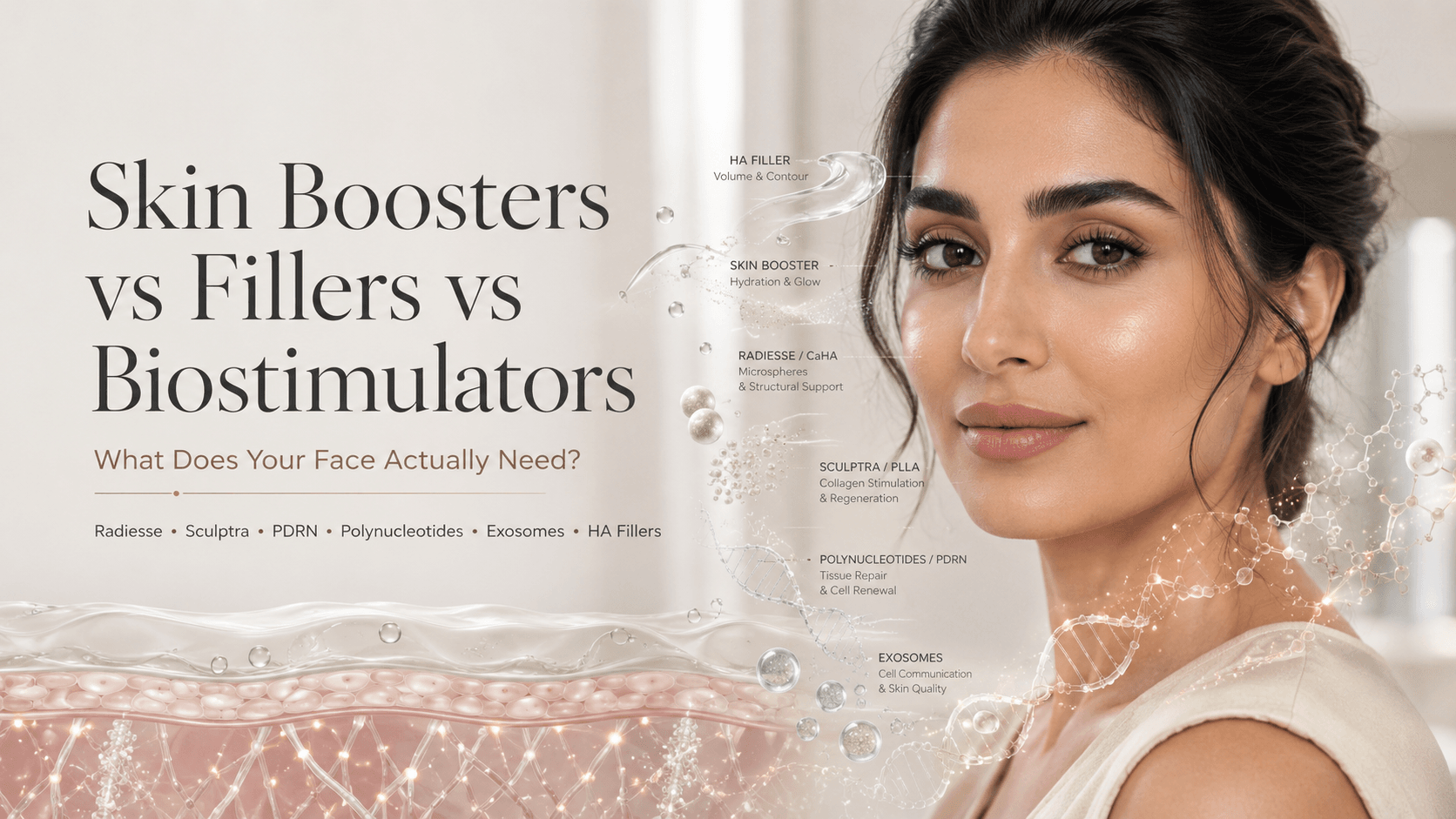 Skin boosters vs fillers vs biostimulators including Radiesse, Sculptra, PDRN, polynucleotides and exosomes explained by a dermatologist in Jeddah.