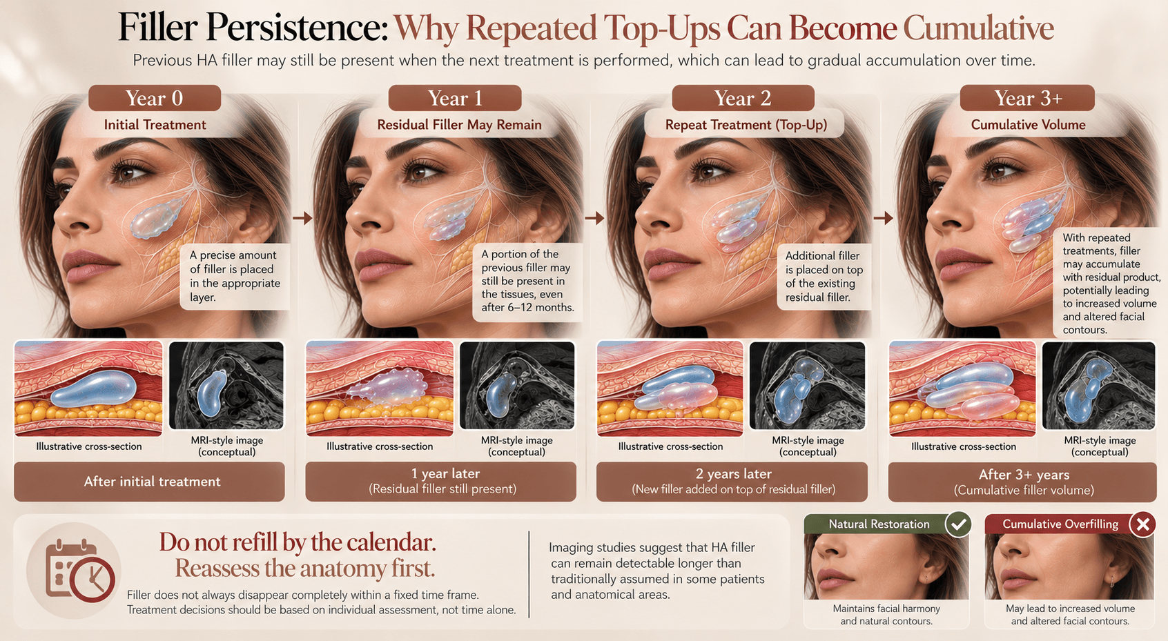 Medical infographic showing how hyaluronic acid filler may persist over several years, with repeated top-ups layering over residual product and potentially leading to cumulative facial volume and altered contours.