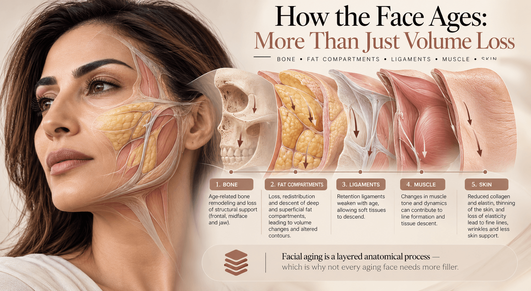 Medical infographic showing the layered anatomy of facial aging, including bone remodeling, changes in deep and superficial fat compartments, weakening of retaining ligaments, muscle changes, and reduced skin elasticity.