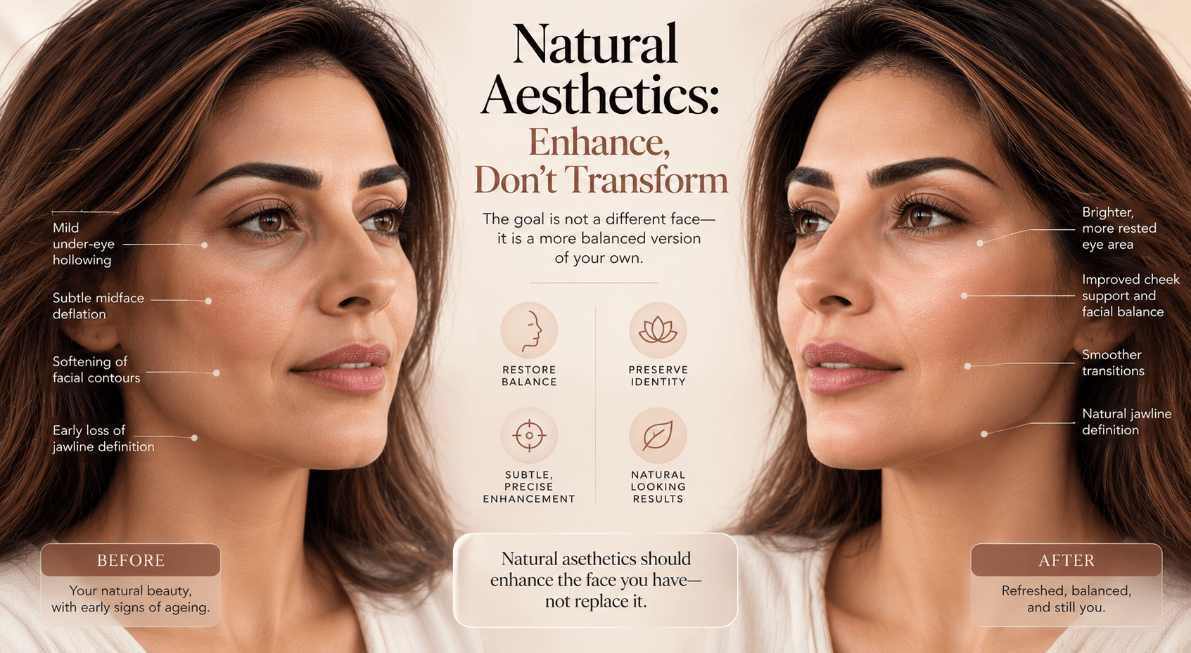 Side-by-side editorial image of the same Middle Eastern woman showing subtle, identity-preserving facial rejuvenation, with improved under-eye support, cheek balance, smoother facial transitions, and natural jawline definition without changing her core features.