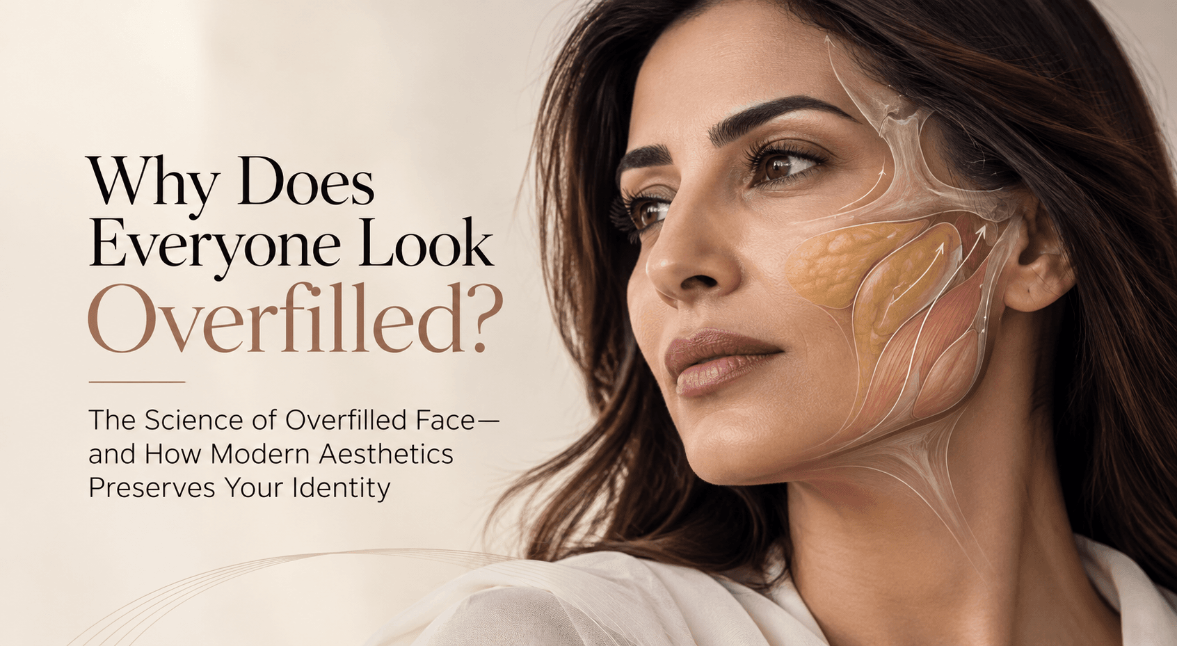 Elegant Middle Eastern woman with a subtle facial anatomy overlay showing cheek fat compartments, muscles, bone support, and facial vectors, illustrating identity-preserving aesthetics and the science of overfilled face.
