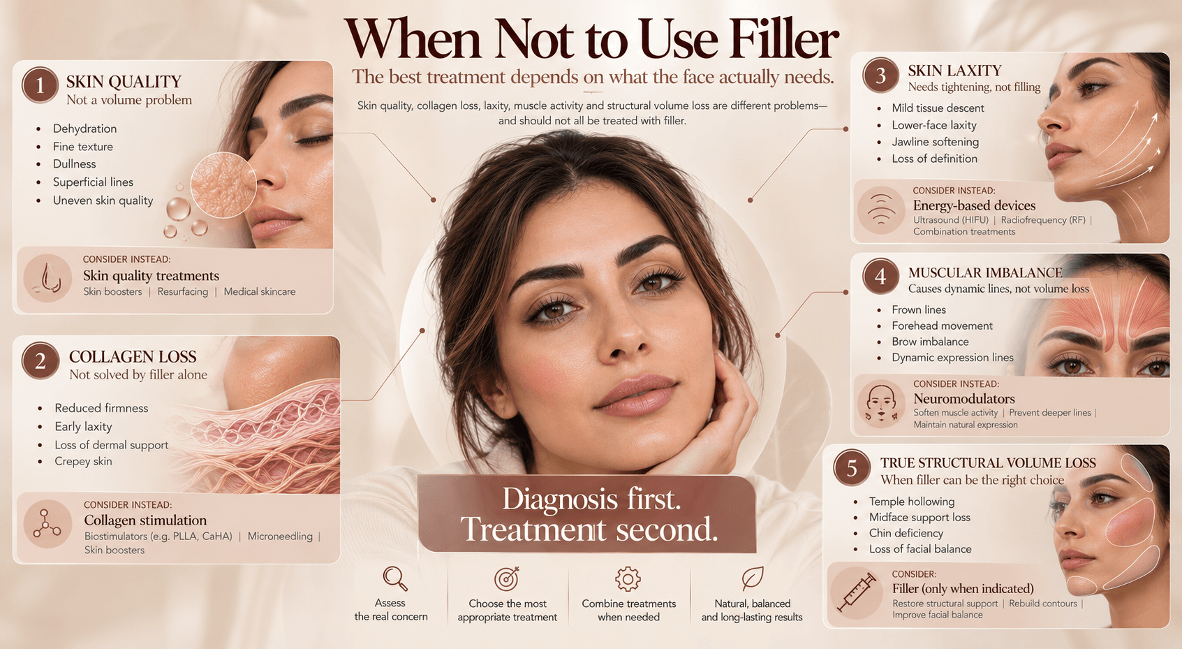 Medical infographic explaining when filler may not be the best treatment, with alternatives for skin quality, collagen loss, skin laxity, muscular imbalance, and true structural volume loss.