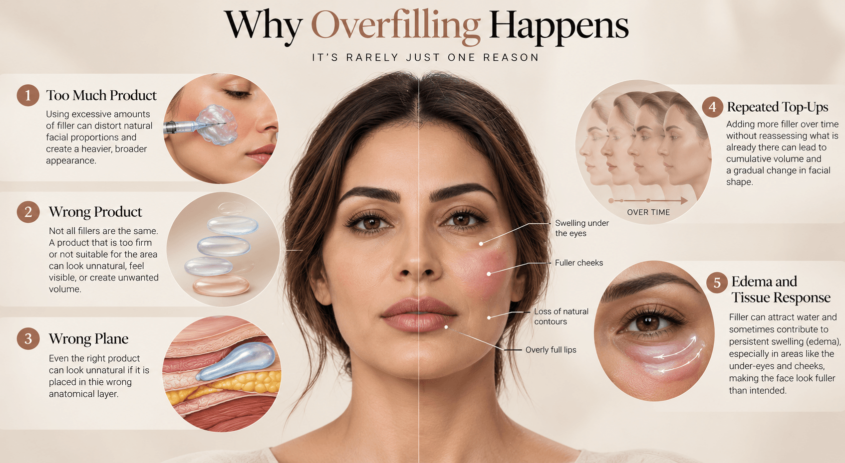 Medical infographic showing five common causes of overfilled face syndrome: too much filler, wrong product, wrong injection plane, repeated top-ups, and edema, with facial examples of under-eye swelling, fuller cheeks, softened contours, and overly full lips.