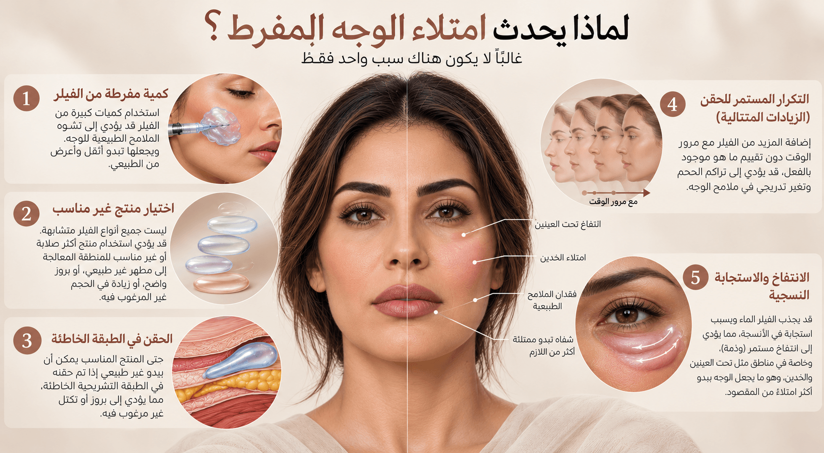 إنفوجرافيك طبي يوضح خمسة أسباب شائعة لمتلازمة امتلاء الوجه المفرط: استخدام كمية زائدة من الفيلر، اختيار المنتج غير المناسب، الحقن في الطبقة الخاطئة، تكرار الحقن المتتالي، والوذمة أو استجابة الأنسجة، مع أمثلة على انتفاخ تحت العين وامتلاء الخدين وفقدان ملامح الوجه الطبيعية