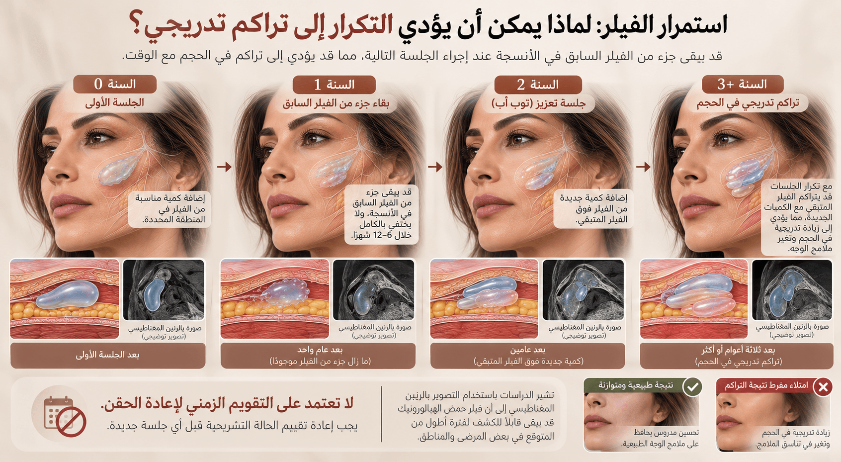 إنفوجرافيك طبي يوضح كيف يمكن أن يبقى فيلر حمض الهيالورونيك في الأنسجة لفترة أطول من المتوقع، وكيف قد تؤدي جلسات التعزيز المتكررة فوق الفيلر المتبقي إلى تراكم تدريجي في الحجم وتغير ملامح الوجه.