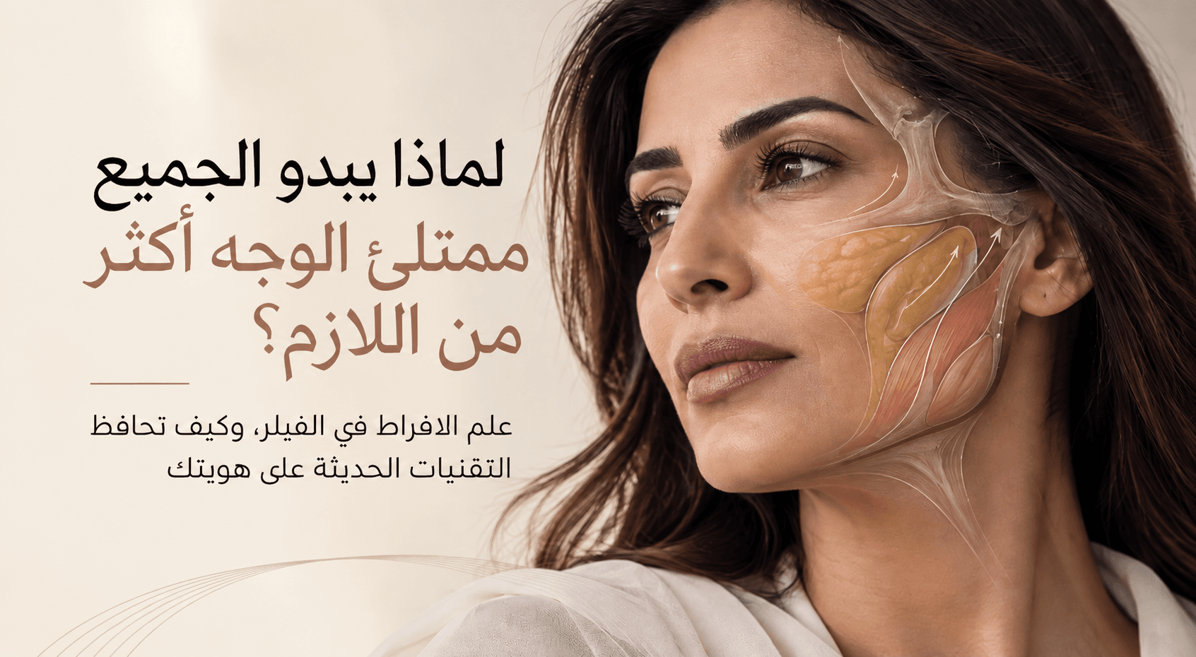 امرأة شرق أوسطية بملامح طبيعية مع طبقات تشريحية شفافة للوجه تُظهر الدهون والعضلات والدعم العظمي واتجاهات الحركة، لتوضيح مفهوم الإفراط في الفيلر والحفاظ على هوية الوجه.