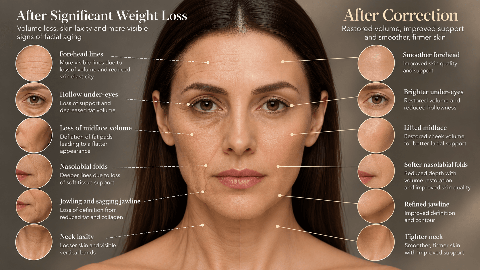 Before and after illustration of Ozempic face showing facial volume loss, skin laxity and restoration after significant weight loss