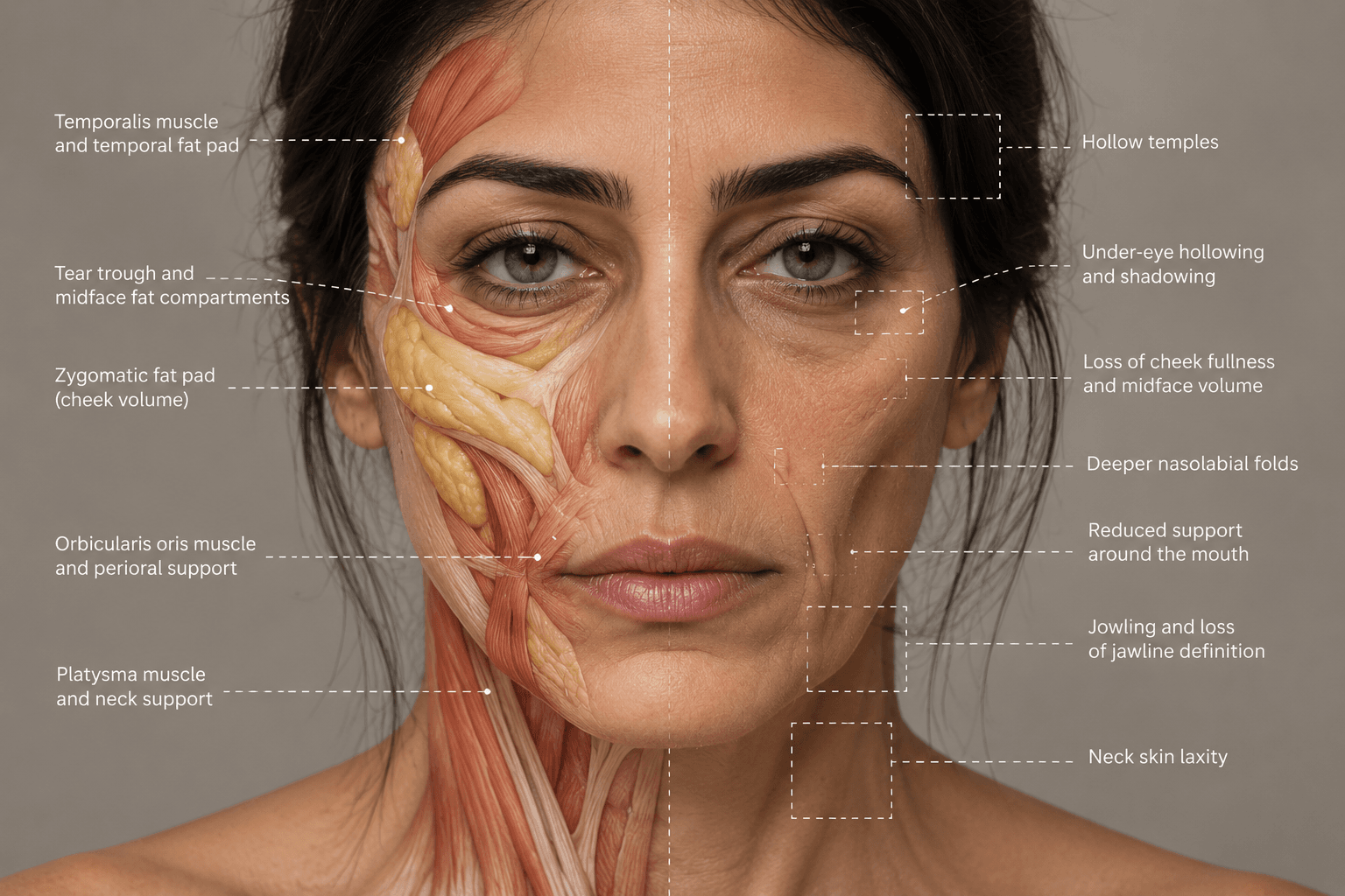Facial anatomy showing fat pad loss, muscle support and skin laxity after significant weight loss